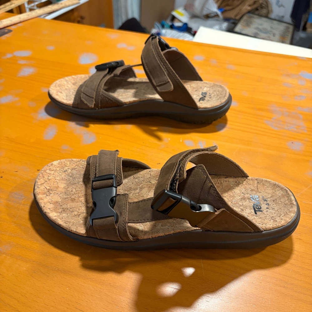 Teva Tanza Brown‎ Leather Cork Footbed Outdoor Hiking Sandals Slides Womens 9.5 - Picture 4 of 10